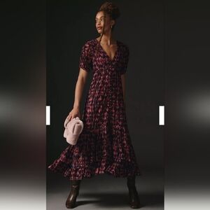 Anthropologie Printed Ruched-Sleeve Maxi Dress